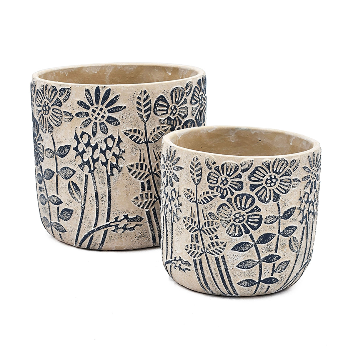S/2 Gray Sand and Cement Planters with Blue Floral Motif, L:D7x6.7" S:D5.5x5"