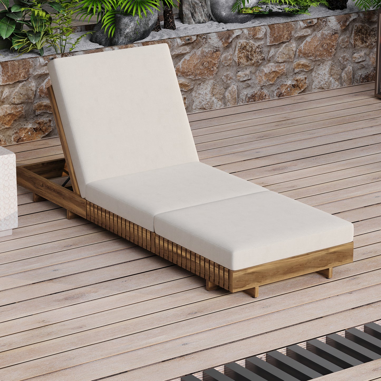 Lounge chaise Set, Acacia solid wood with  LOUNGE CUSHION (Cream+TRIPLE FOLDS) - Matching Dark Grey Version Available