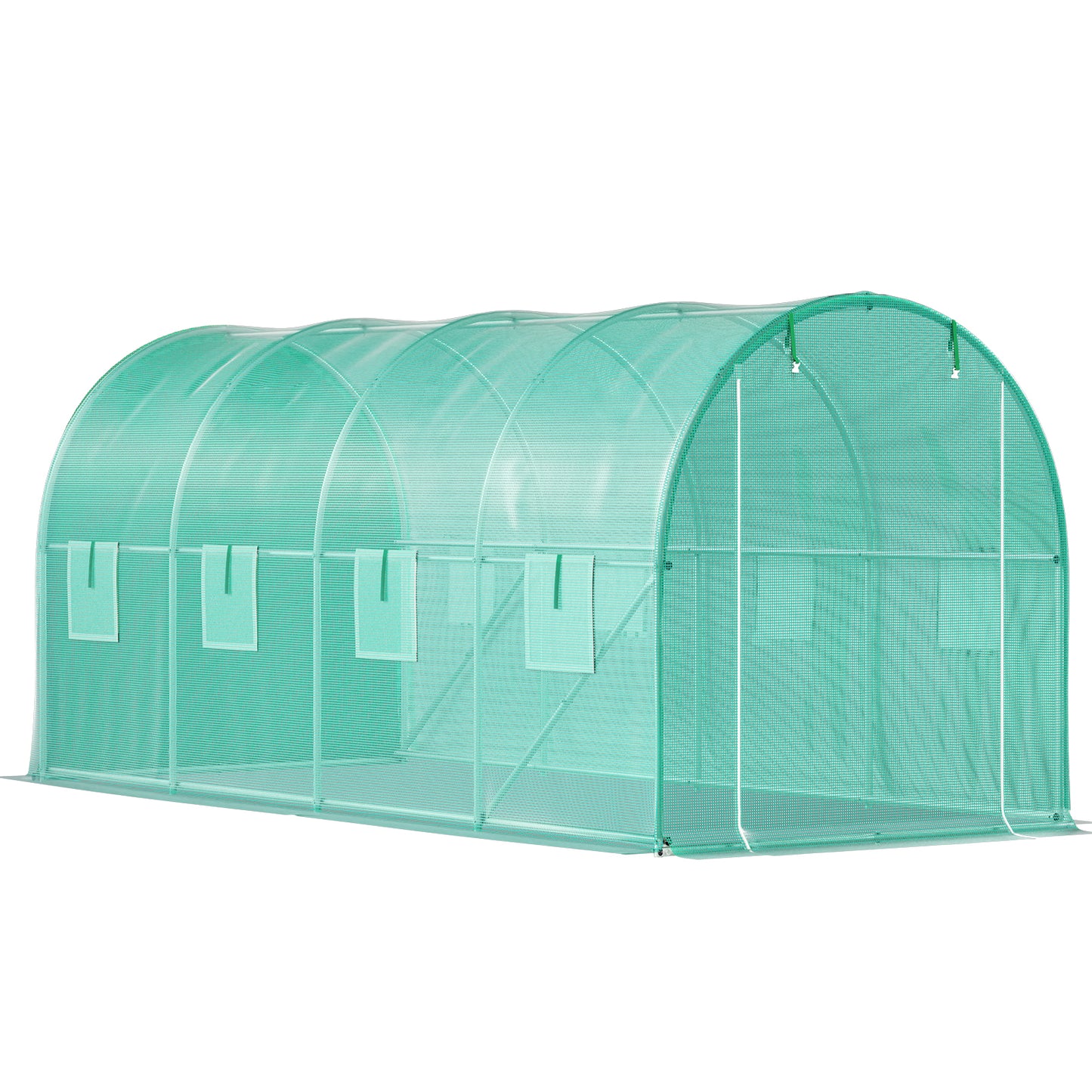 Walk-in Tunnel Greenhouse, 14.8 x 6.6 x 6.6 ft Portable Plant Hot House w/ Galvanized Steel Hoops, 1 Top Beam, Diagonal Poles, Zippered Door & 8 Roll-up Windows, Green