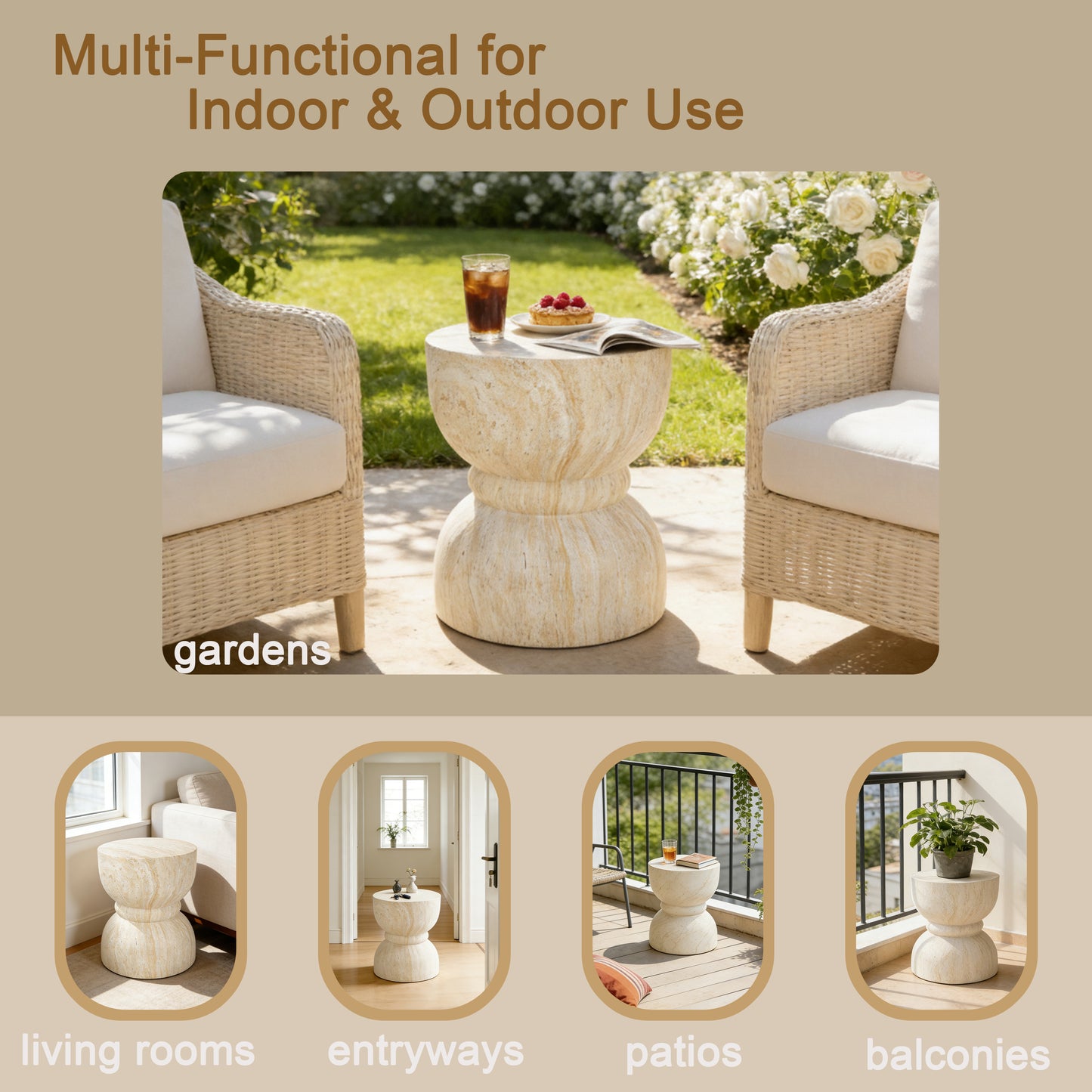 U_Style Outdoor Concrete Side Table,Rounded Waist Outdoor End Tables, Decorative Garden Stools for Indoor Outdoor With Imitation Natural Stone Texture Patio Accent Side Table