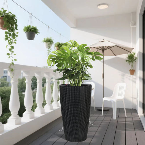 22 in. Black Outdoor Plastic with Water Level Monitor Inner Bucket Automatic Watering Round Planter (2-Pack)