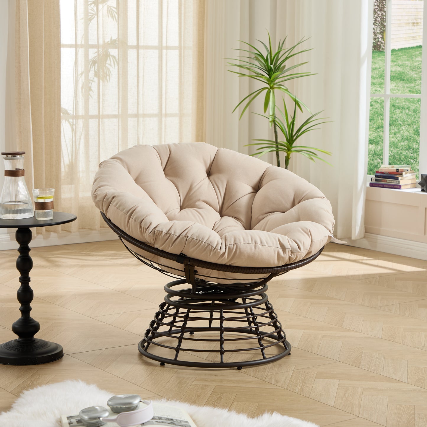 Comfortable Ergonomic Wicker Papasan Chair, 360° Swivel Indoor Outdoor Rattan Chair with Soft Thick Cushion, Ideal for Living Room, Bedroom, Reading Room, Brown Frame with Beige Cushion