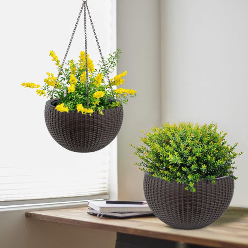 Brown Resin Hanging Basket, Hanging Planters for Indoor Outdoor Plants, Self Watering Hanging Pot w/Self Watering,2-Pack