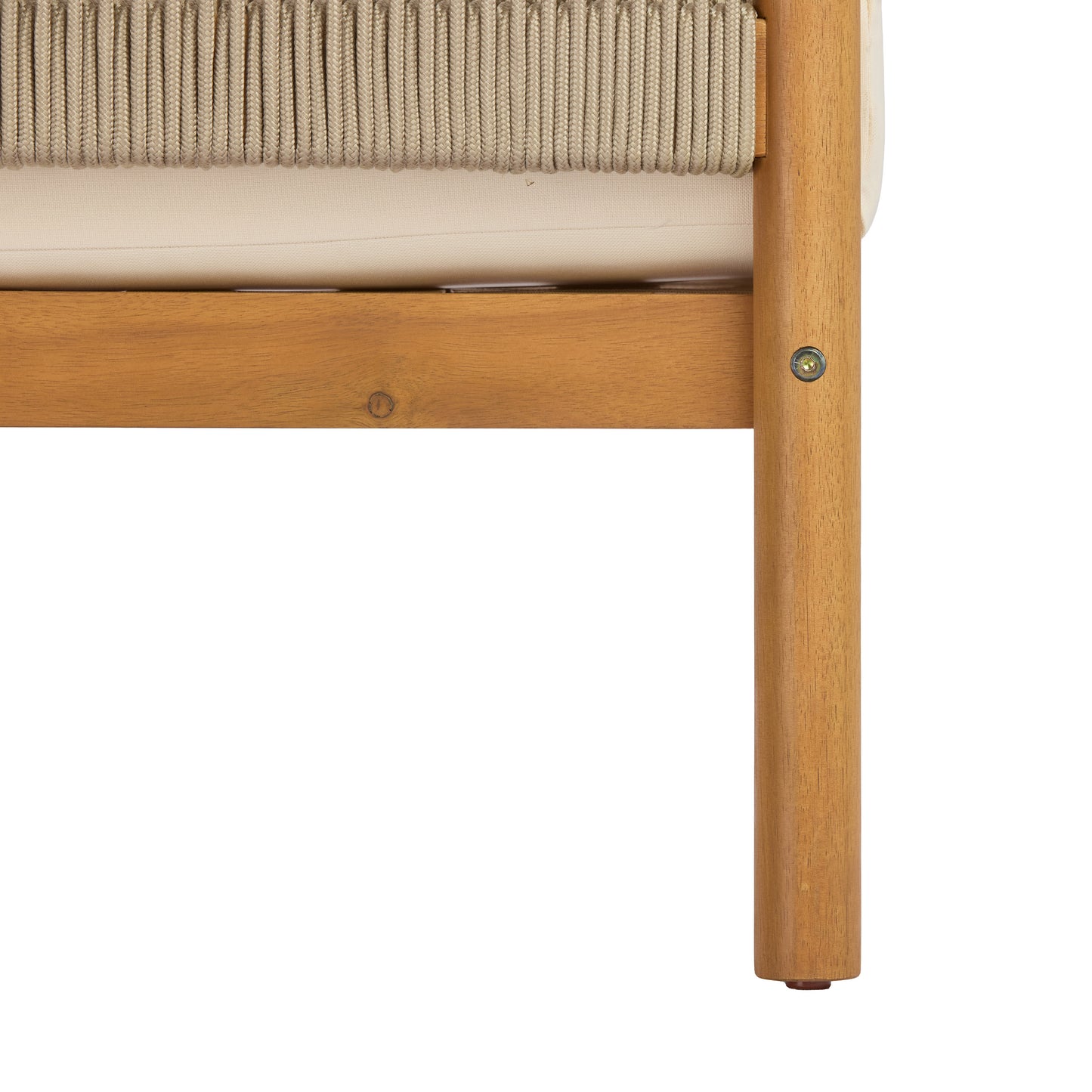 Outdoor Club Chair with Acacia Wood Frame in Teak Look, Beige Rope Panels and Cream Cushions