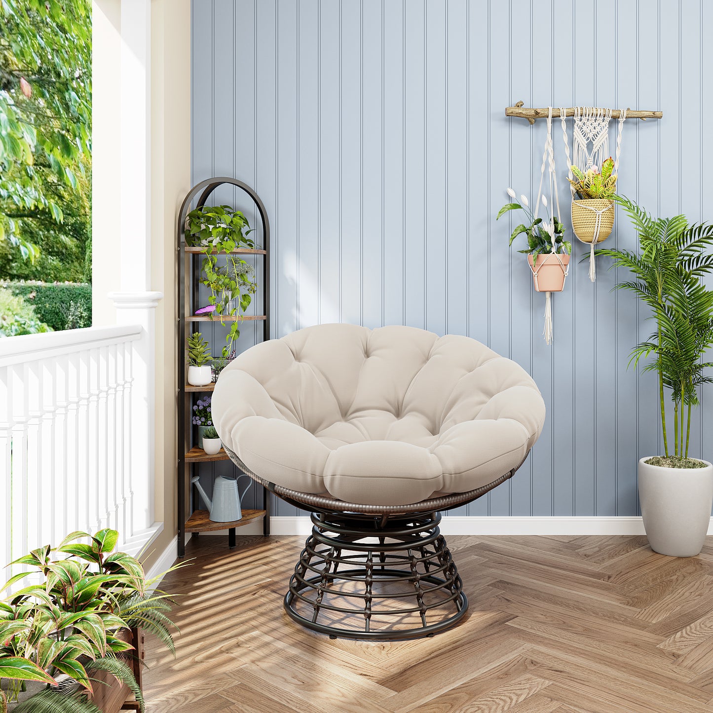 Comfortable Ergonomic Wicker Papasan Chair, 360° Swivel Indoor Outdoor Rattan Chair with Soft Thick Cushion, Ideal for Living Room, Bedroom, Reading Room, Brown Frame with Beige Cushion