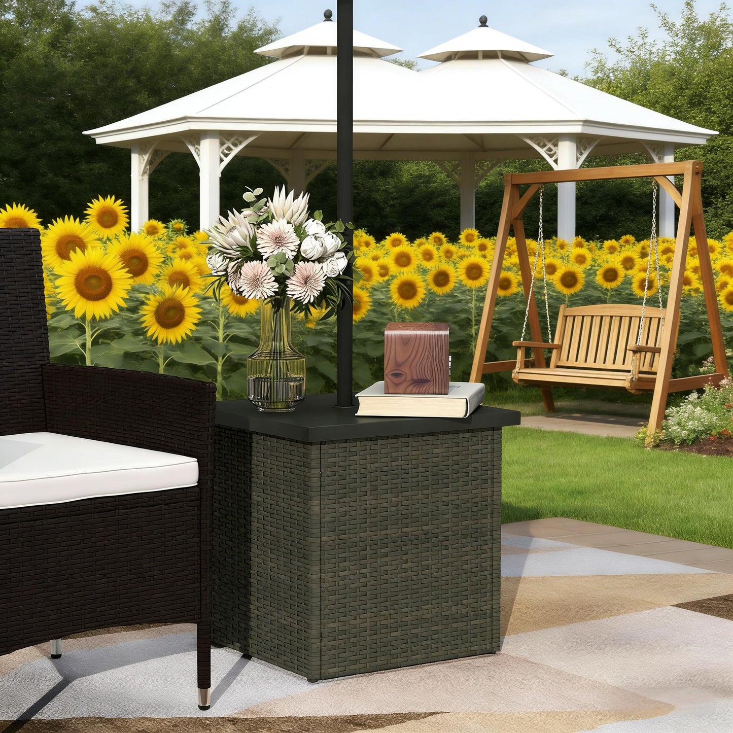 Outdoor Patio Coffee Table,Wicker Side Table with Umbrella Hole