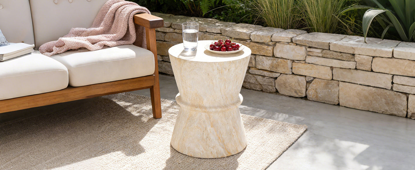 U_Style Hourglass shape Outdoor Side Table, Concrete Contemporary Lightweight Accent Table with Simulated stone texture , Outdoor Accent End Table for Livingroom, Garden.