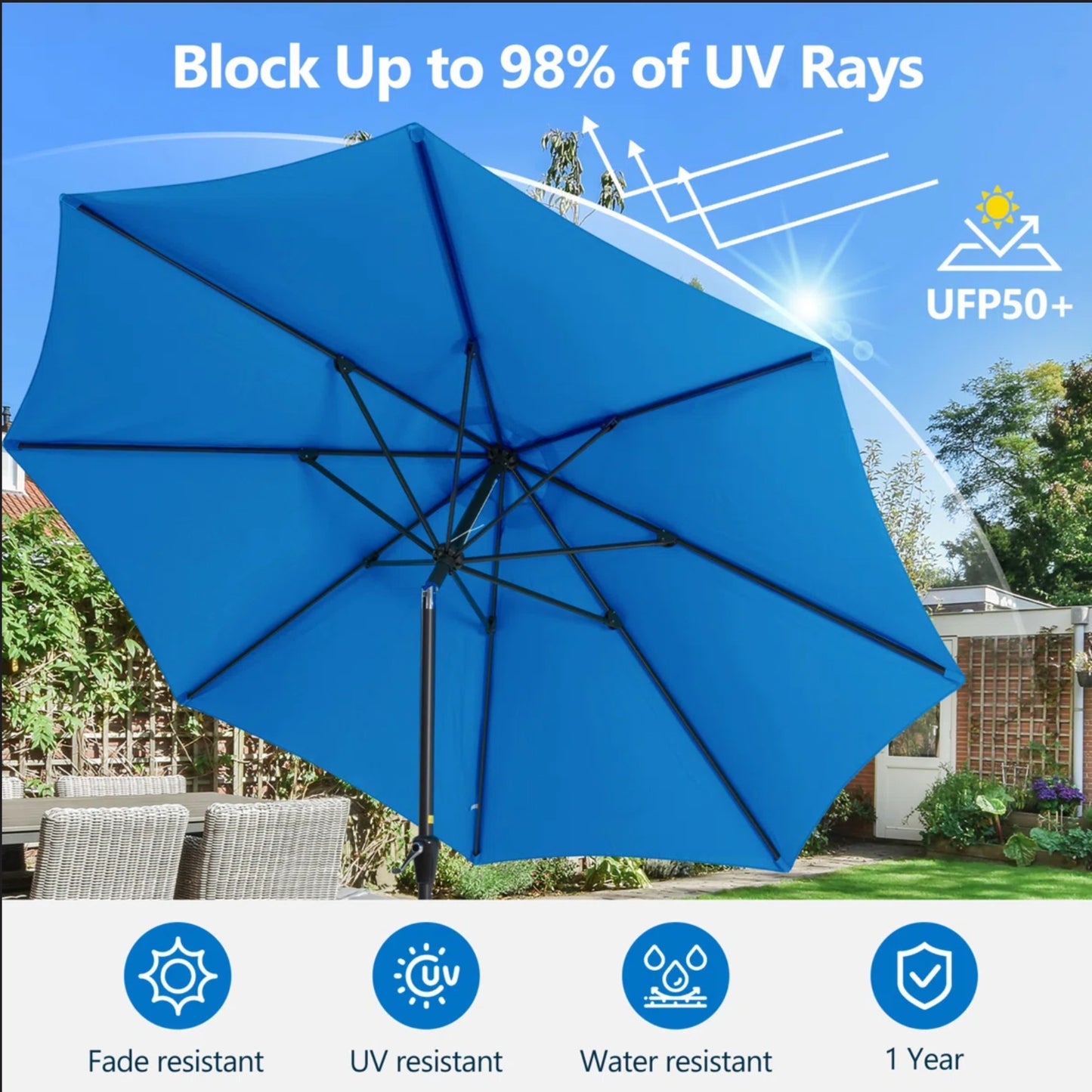 11 Feet Blue Market Patio Umbrella with Crank Lift , Tilt * Ribs, UV-Resistant Canopy for Pool, Backyard & Patio (Without base)