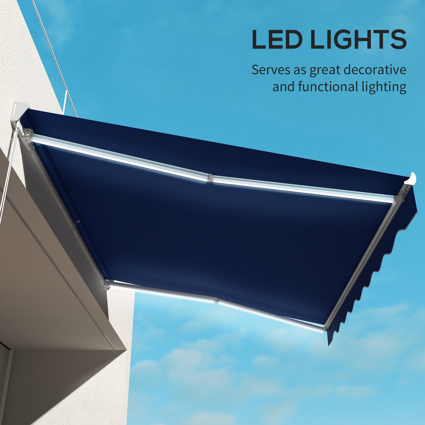 Outsunny 13' x 10' Electric Awning with LED Lights, Retractable Awning, UV40+ Sun Shade Shelter with Remote Controller and Crank Handle for Deck, Balcony, Yard, Blue