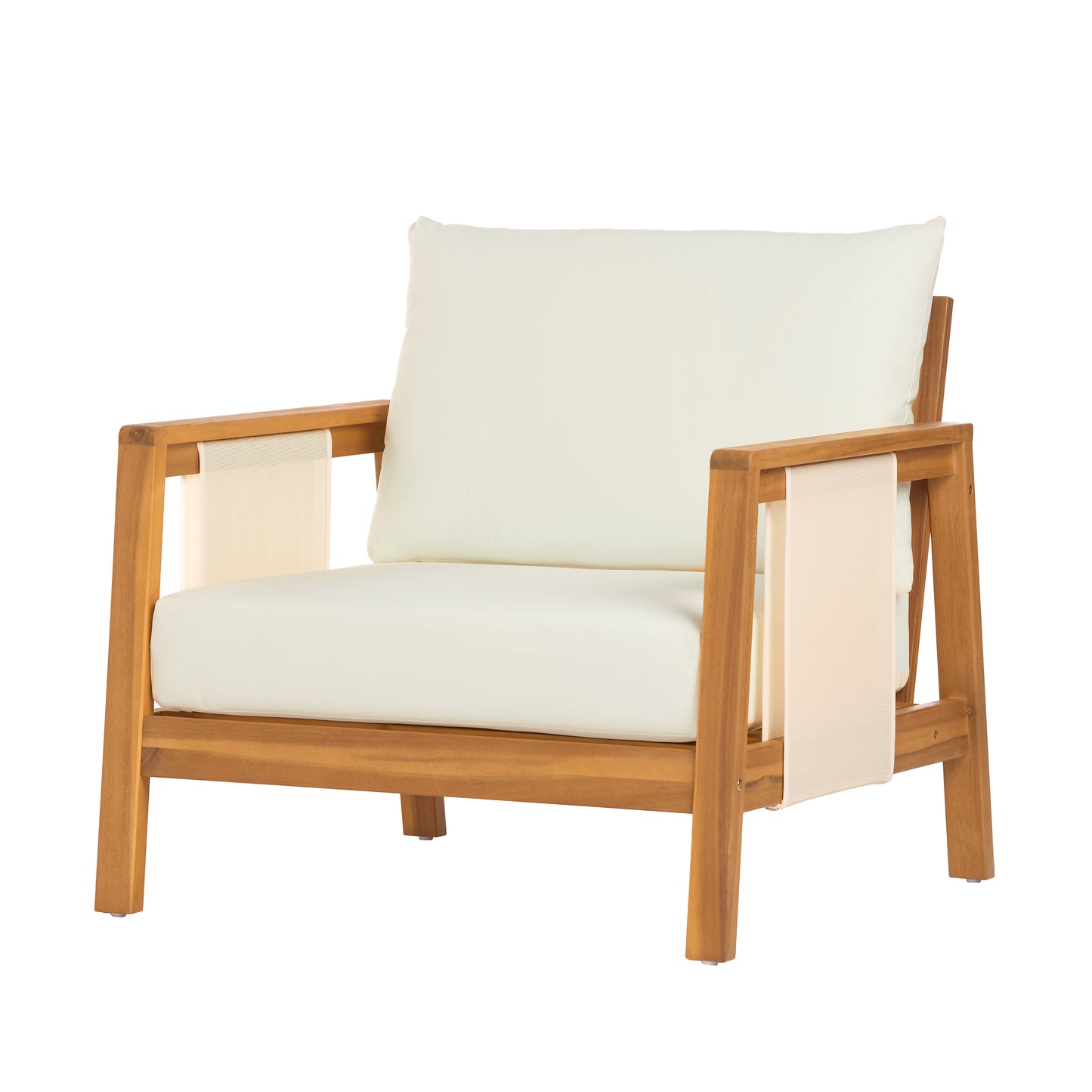 Outdoor Club Chair, Acacia Wood Frame with Brown Textilene Accents, Water-Repellent Beige Cushions for Patio/Backyard/Deck