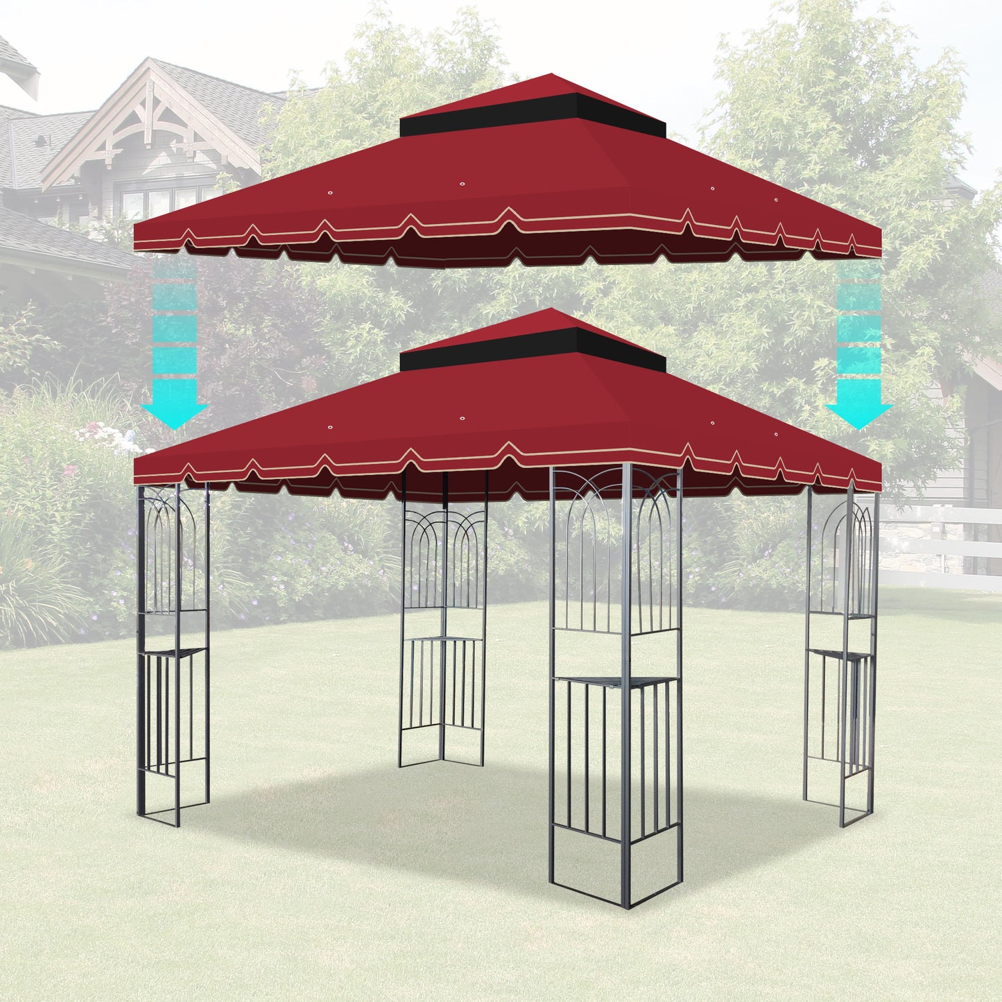 10x10 Ft Outdoor Patio Gazebo Replacement Canopy,Double Tiered Gazebo Tent Roof Top Cover Only GreatWall border(Frame Not Include)-Red