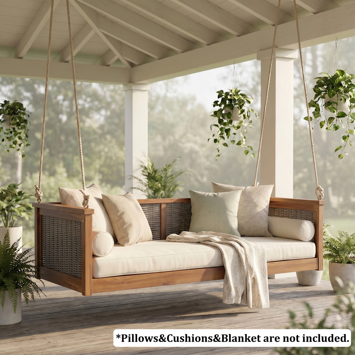 TOPMAX Outdoor Classic Solid Wood Twin Size Swing Bed,Garden Porch Rattan Swing Frame with Long Ropes for Poolside, Backyard,TEAK