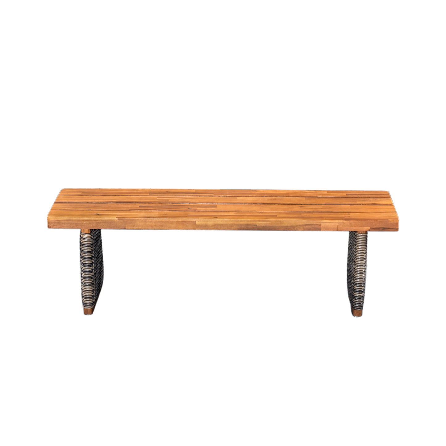 Outdoor Acacia Wood Bench(Set of 2),Teak Finish+ Grey Wicker