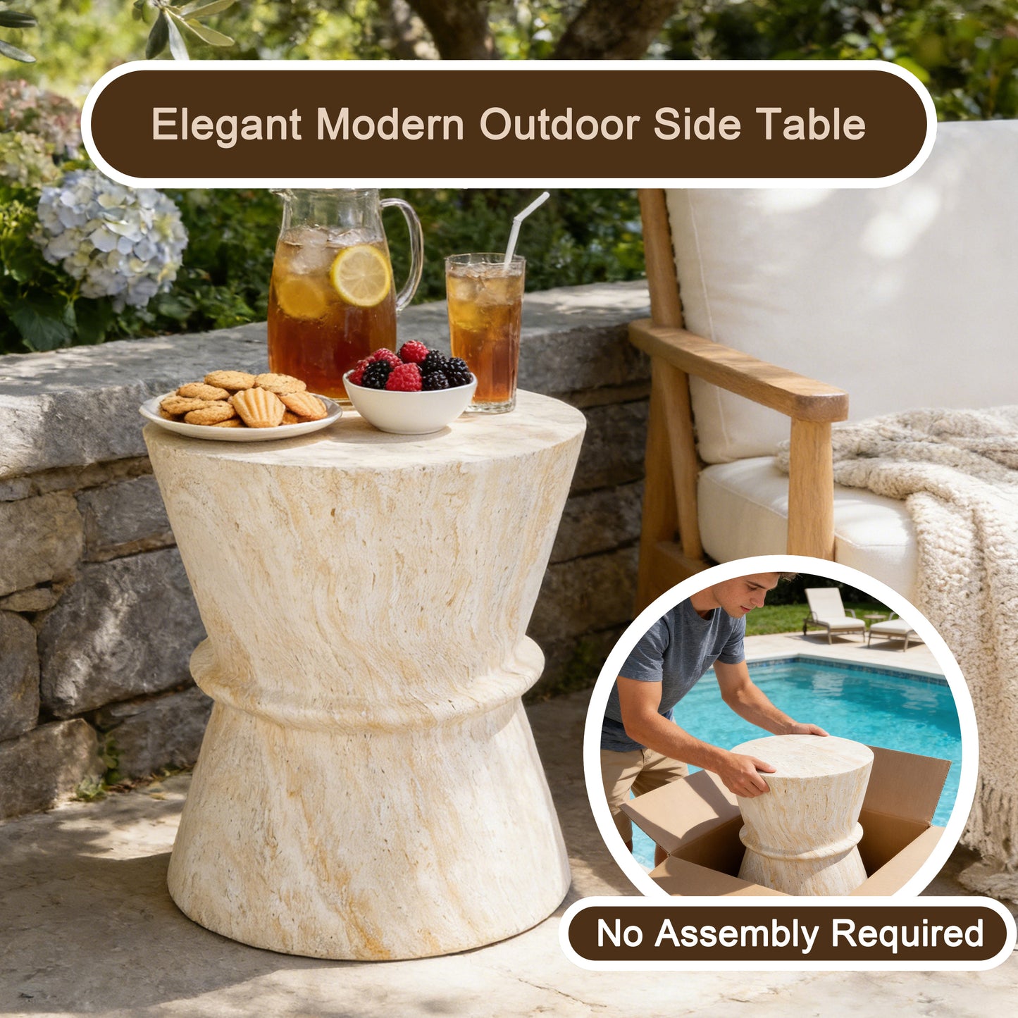 U_Style Hourglass shape Outdoor Side Table, Concrete Contemporary Lightweight Accent Table with Simulated stone texture , Outdoor Accent End Table for Livingroom, Garden.