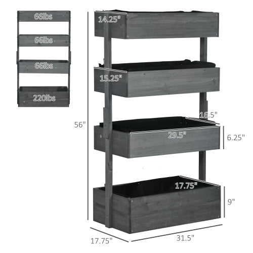 Outsunny Vertical 4 Tier Raised Garden Bed, Wooden Planter Box, Self-Draining with Bed Liner for Indoor Outdoor Flowers, Vegetables and Herbs, Gray