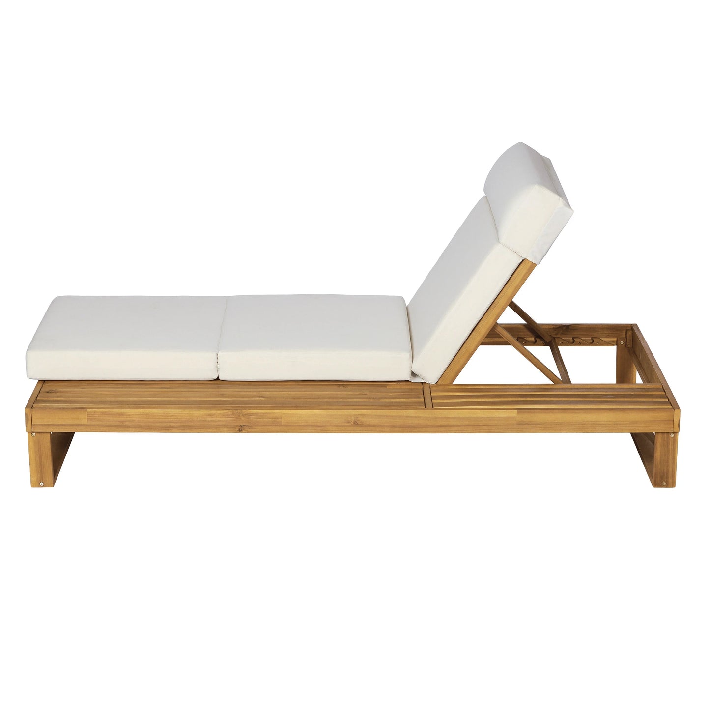 Teak Finish Acacia Wood Chaise Lounge with 4-Inch Beige 4-Fold Cushion Set, Adjustable Outdoor Patio Lounger with Flat Side Surface, for Poolside- Matching cream,dark gray version available