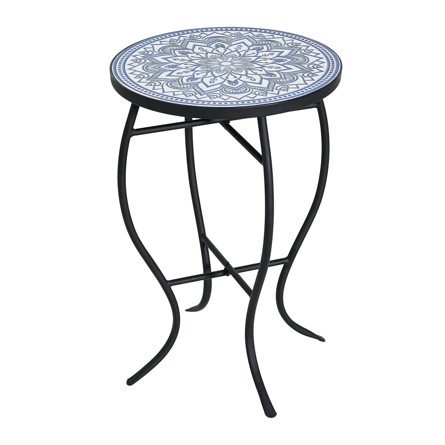 Outdoor Round Side Table with Mosaic-Style Top and Curved Iron Legs, Blue and Matte Black