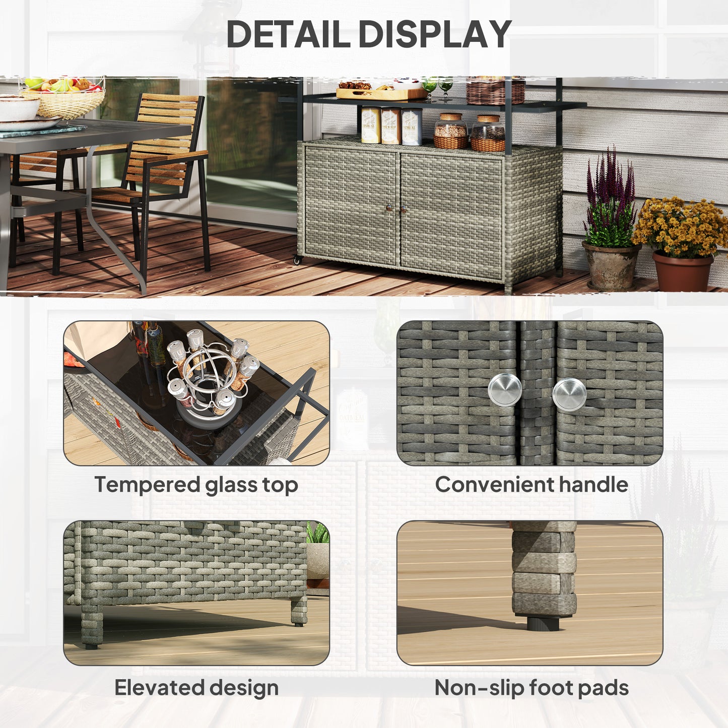 Outsunny Wicker Outdoor Bar Table with 2-Tier Shelf & Cabinet, Mixed Gray