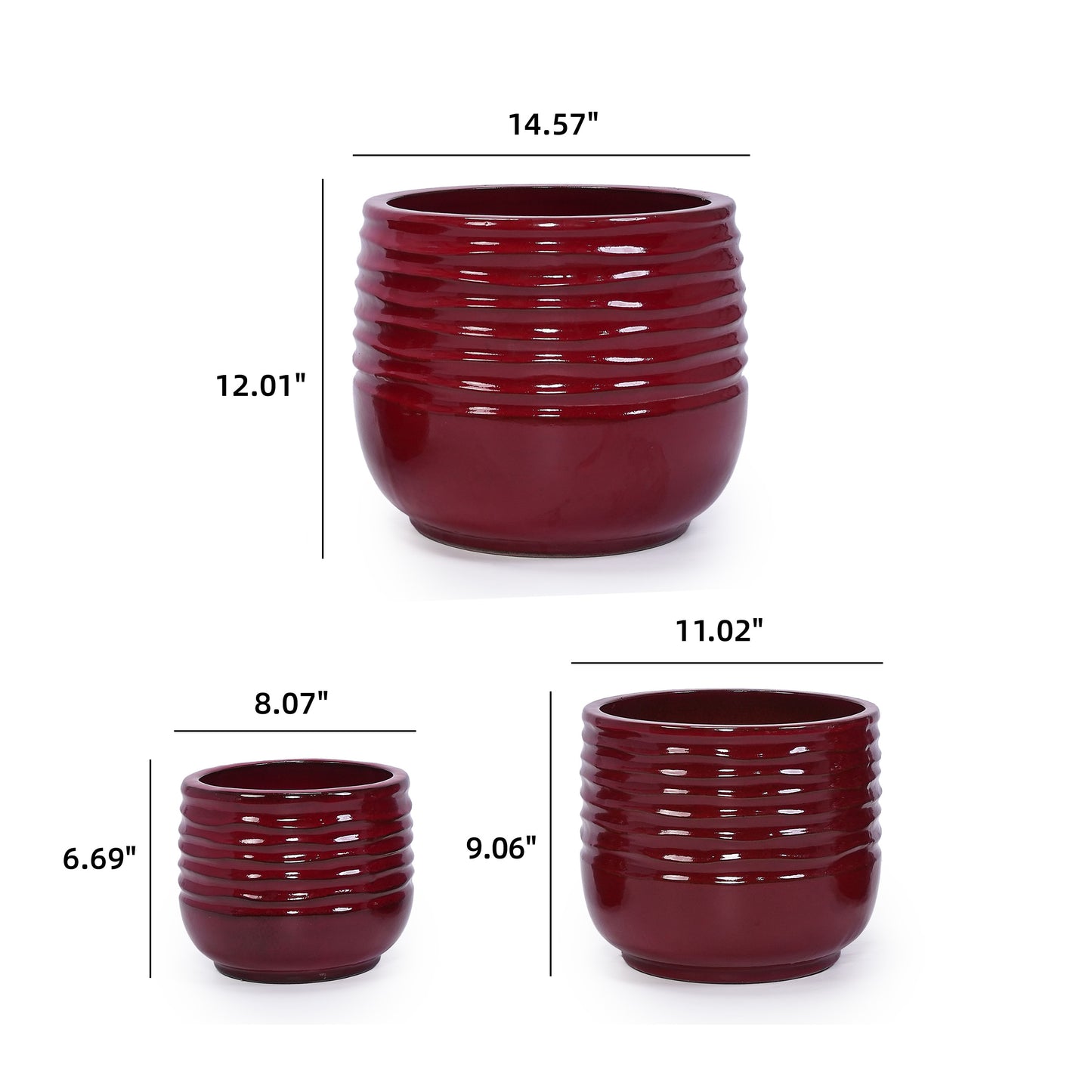 Handmade Glazed Ceramic Planter Set of 3, 15/11/8 Inch Diameter, Horizontal Groove Pattern, for Succulents & Flowering Plants Outdoor Garden & Indoor Staircase Bookshelf Use, Breathable Clay, Deep Red