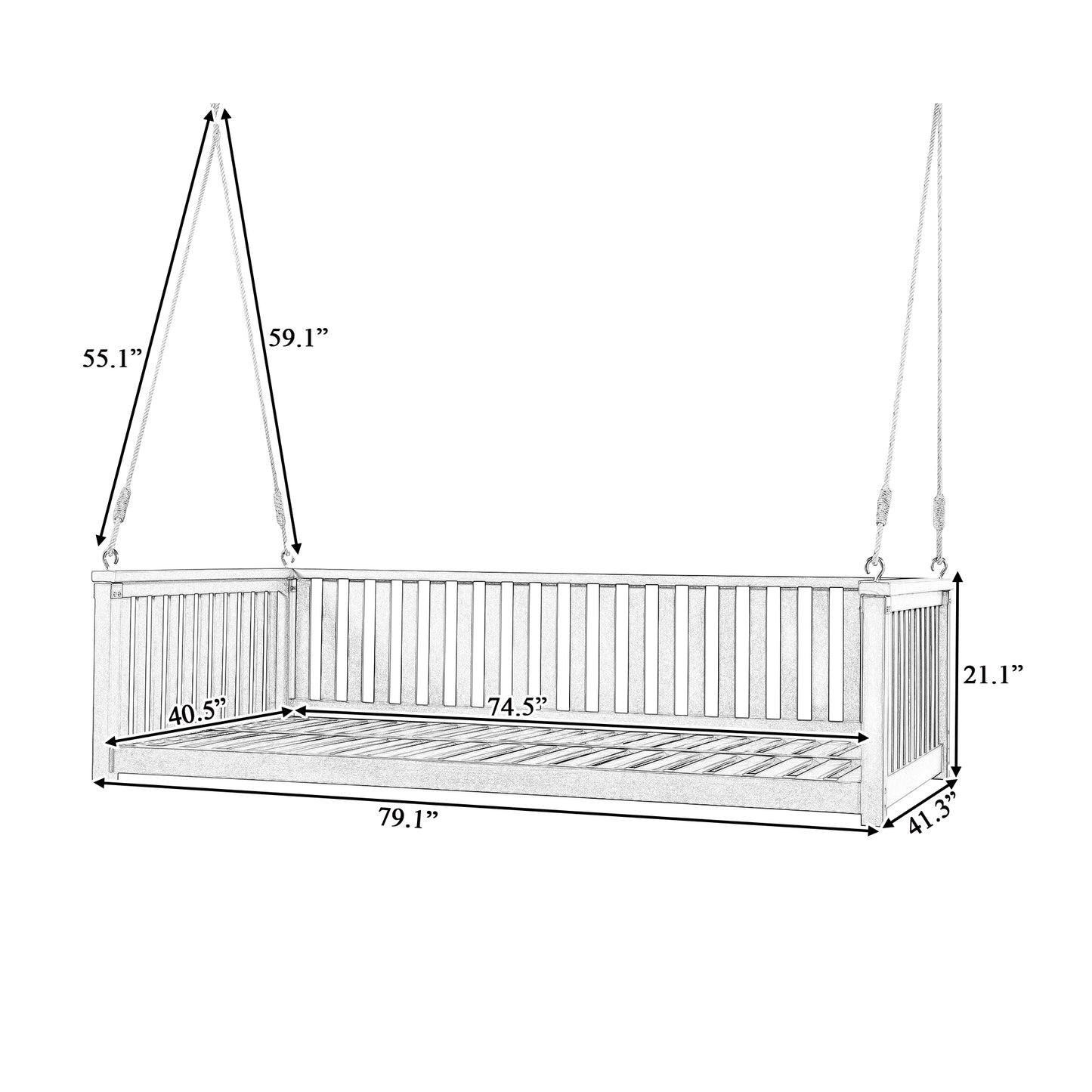 TOPMAX Patio Minimalist Twin Size Garden Swing Bed Wood Porch Swing with Ropes for Backyard, Safe Sloped Design, Gray