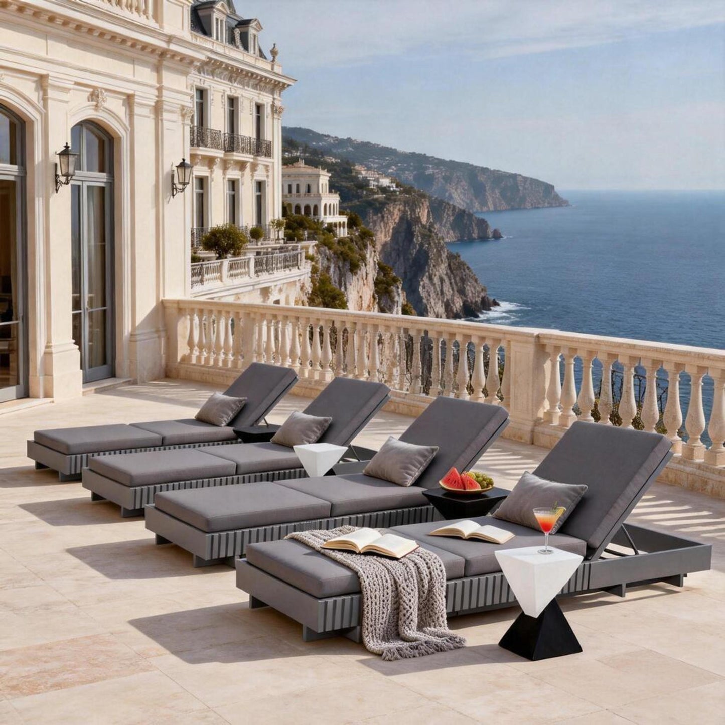 Dark Grey Acacia Solid Wood Outdoor Chaise Lounge with  Dark Grey 3-Fold Water-Repellent Cushion, 400lbs Capacity,  Modern Patio Sun Lounger for Garden, Poolside