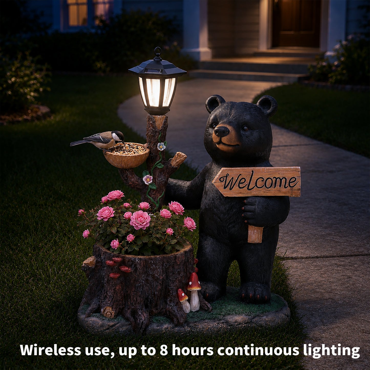 Decorative Standing Black Bear Garden Planter with Solar-Powered Lantern - Polyresin Bear Figurine and Flower Pot for Outdoor Lawn & Yard Decor