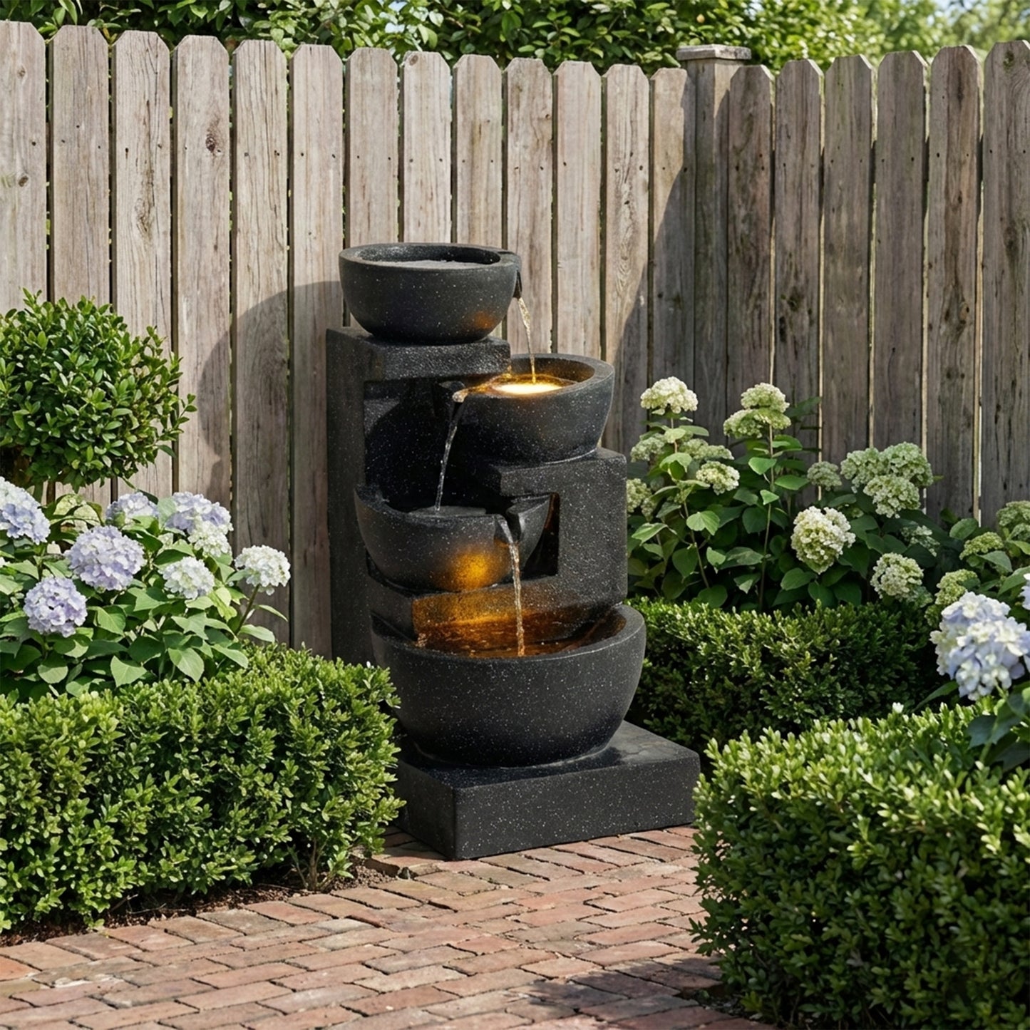 29-Inch Terrazzo Style LED Outdoor Indoor Water Fountain with Cascading Bowls & Stacked Stones – 4-Tier Ideal Waterfalls for Gardens, Patios to Create a Serene Retreat in Outdoor Living Areas