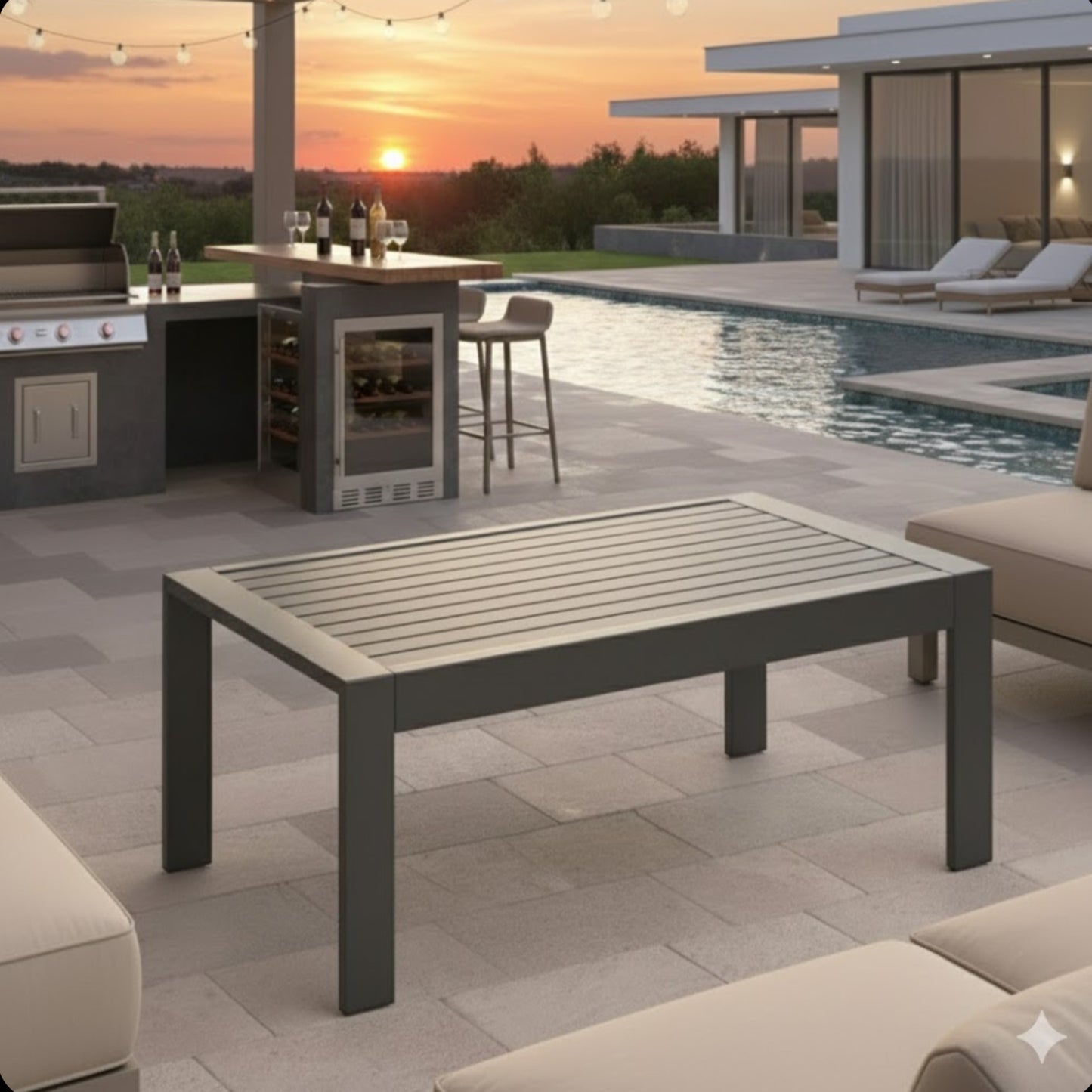 43" x 24" All-Weather Metal Outdoor Coffee Table with Wood-Look Top and Gray Frame