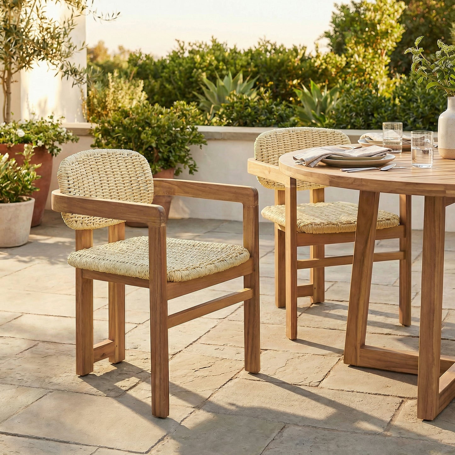 Outdoor Woven Rattan Chair Set Two Accent Chairs Stylish Outdoor Armchairs 2 Person Seating Group Ergonomic Garden Chairs for Patio, Outdoor, Teak Finish+Natural Rattan