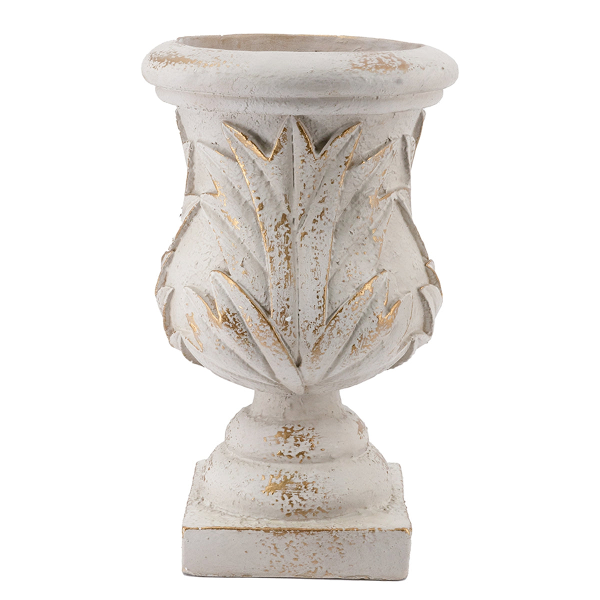 10.2x10.2x16.9" Ornate Magnesium Urn Planter with Antique White Finish and Carved Leaf Details