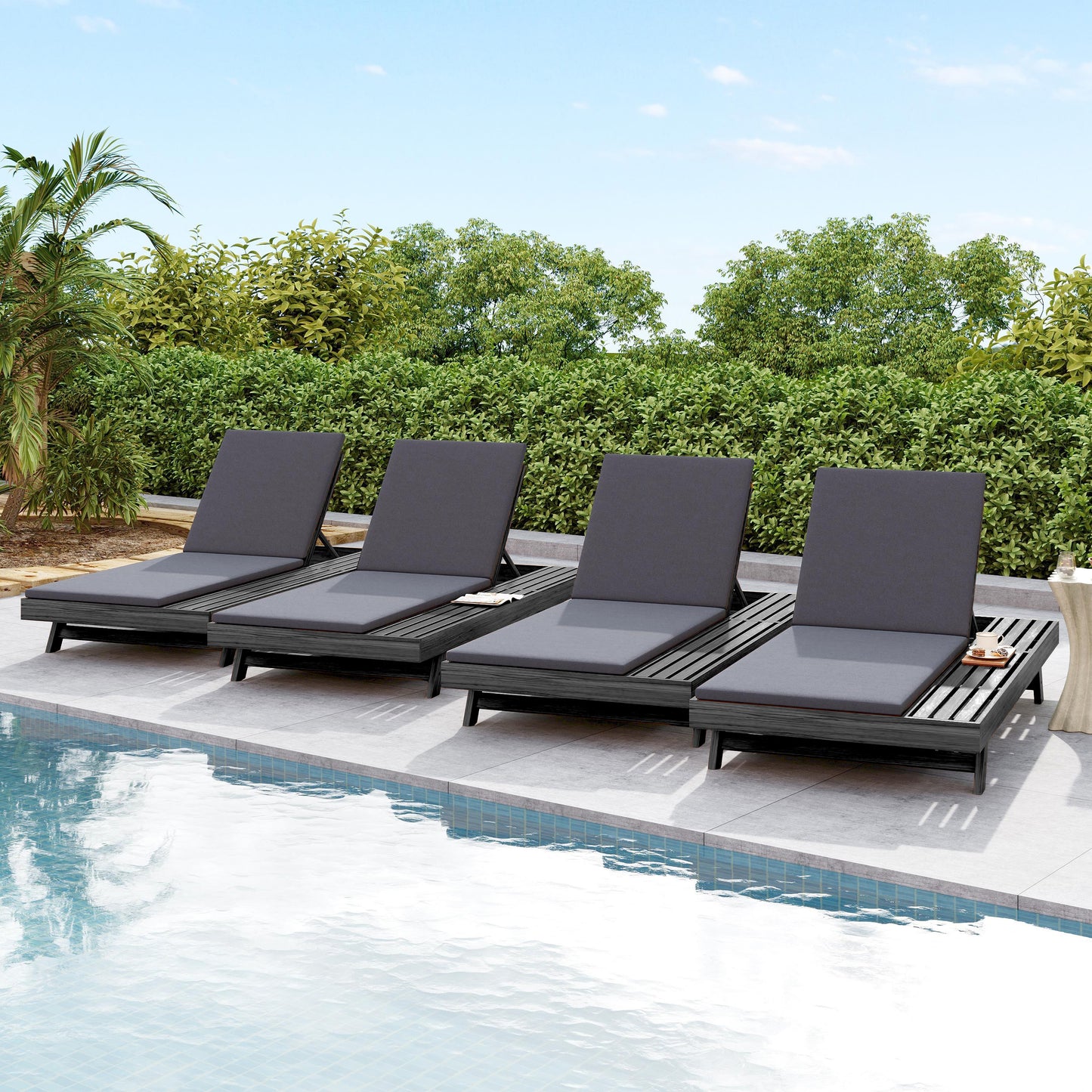 Lounge Chaise Set, Space Available On One Side, Acacia Wood In Black With Water-Resistant Lounge Cushions (Dark Grey & 2 Inch Thick) – Matching Cream/Leaf Coconut Version Available