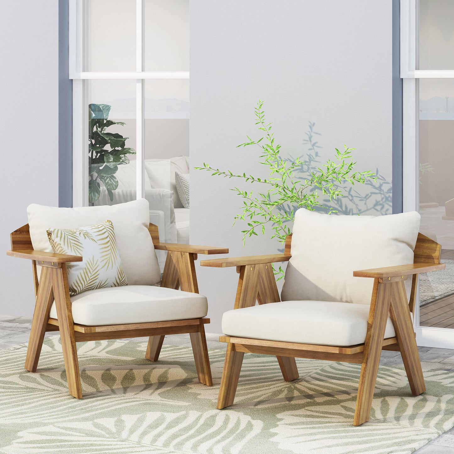 Outdoor Acacia Wood Club Chairs with Cushions (Set of 2), Teak Finish+ Beige, 30.75" W x 30.25" D x 26.00" H