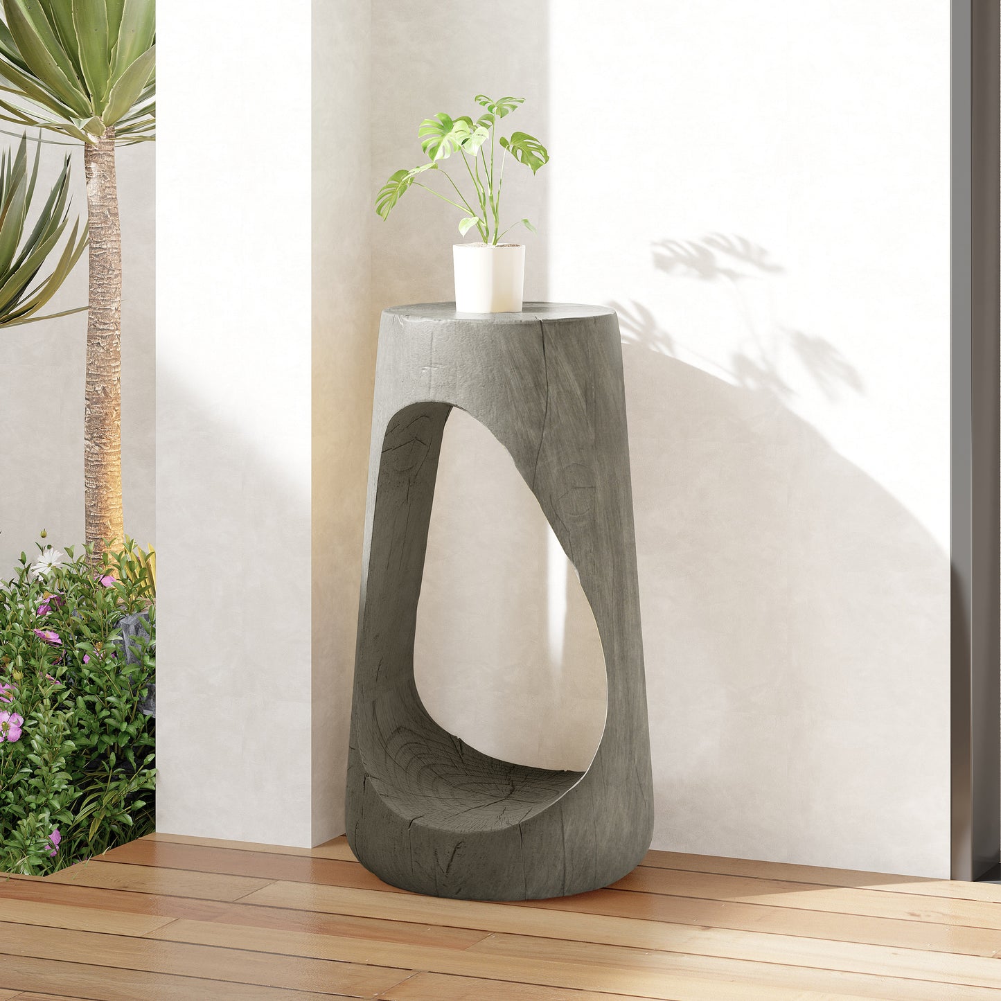 Outdoor Side Table,Hollow Design End Table,Patio Garden Stool Table,Decorative Accent Table for Patio Balcony Beach Pool Side,Lightweight Concrete,Wood Like Texture,Grey Color