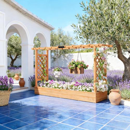 69.7 in. x 15.7 in. x 9.1 in. Natural Wood Galvanized Raised Garden Bed, Wood Planter Box with a unique arched trellis