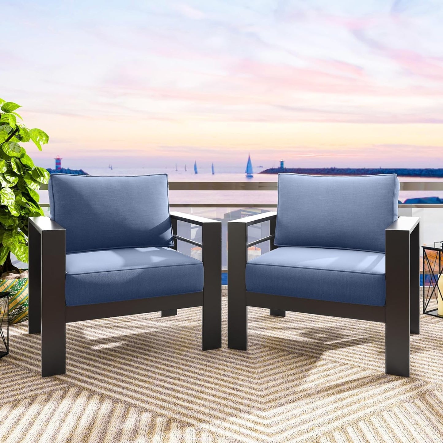2-Pack 28" All-Weather Aluminum Patio Armchairs with Thick Blue Cushions & Black Frame