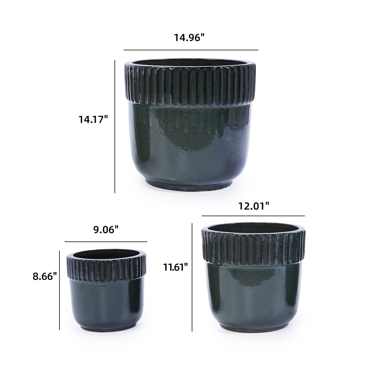 Handmade Ceramic Planter Set of 3, 15/14/9 Inch Diameter, Black Ribbed Pattern, for Succulents Indoor/Outdoor Use on Windowsill & Bookshelf, Breathable Clay