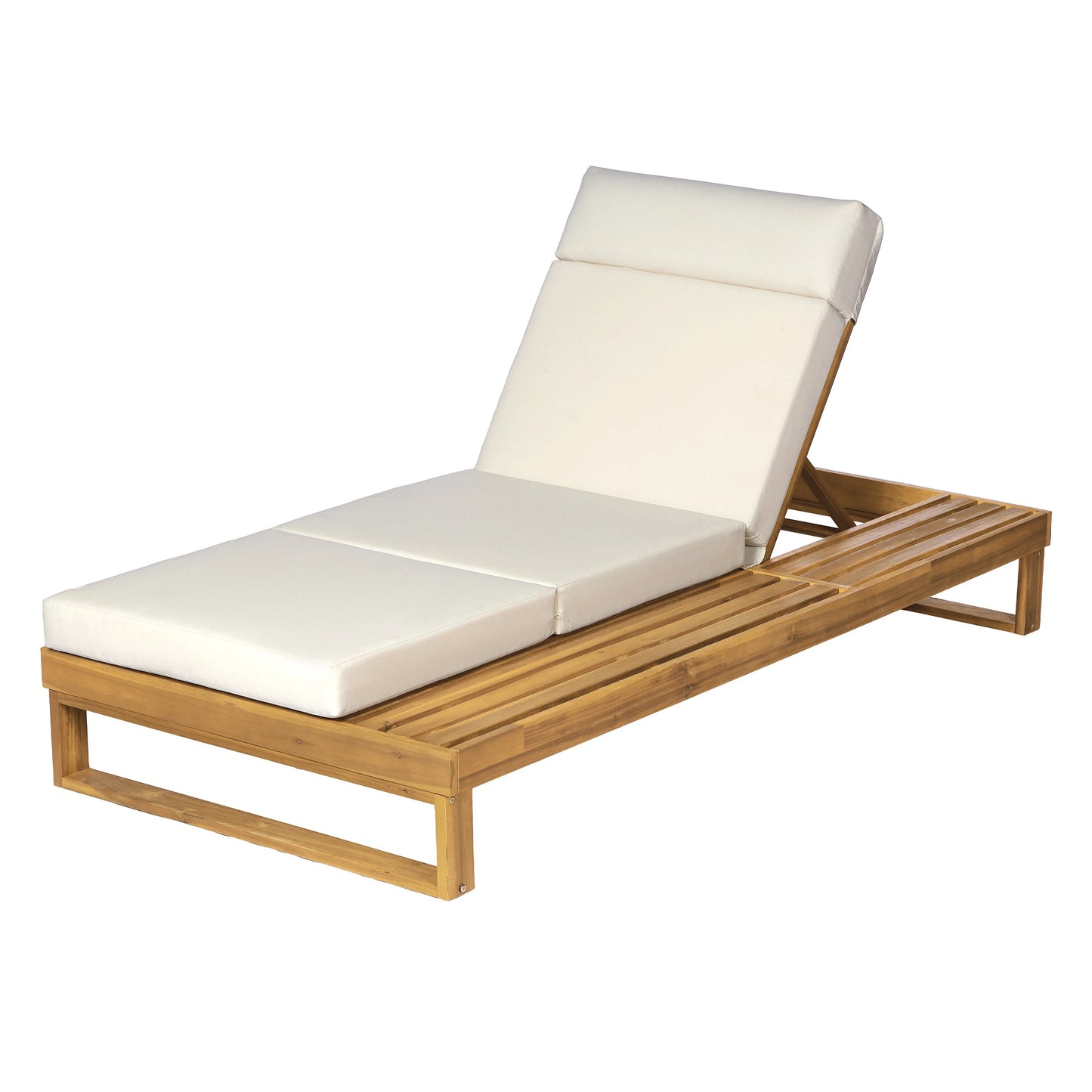 Teak Finish Acacia Wood Chaise Lounge with 4-Inch Beige 4-Fold Cushion Set, Adjustable Outdoor Patio Lounger with Flat Side Surface, for Poolside- Matching cream,dark gray version available