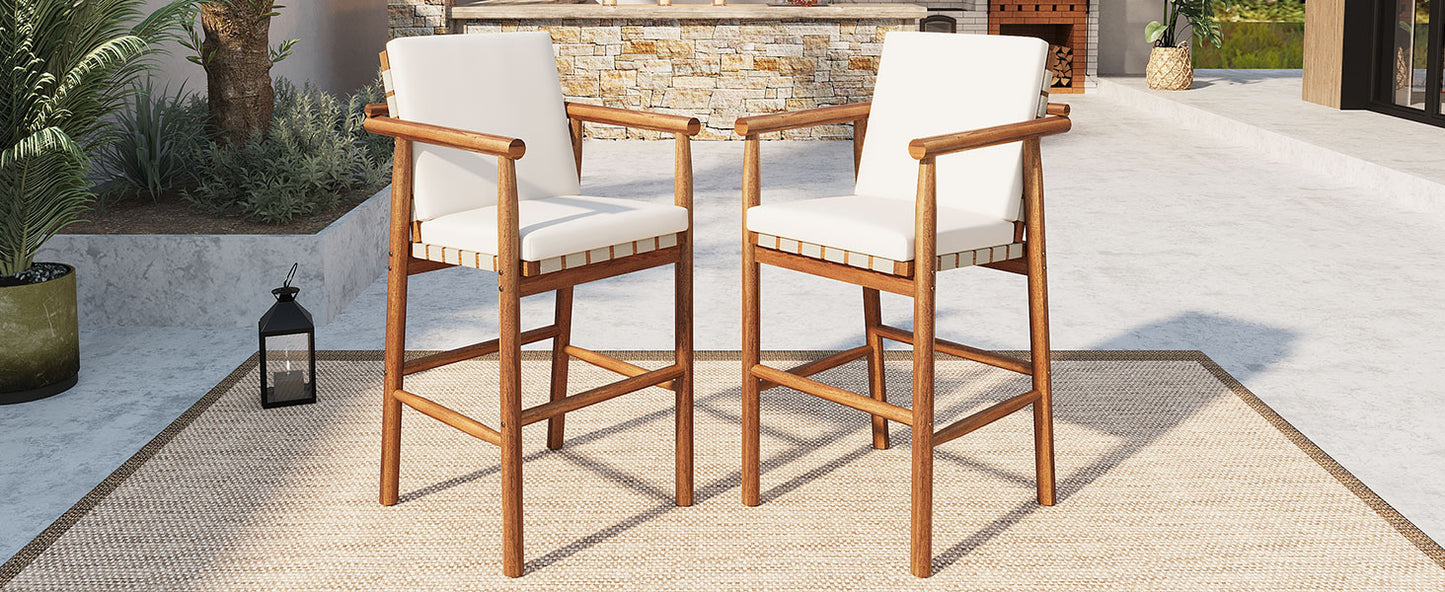 Outdoor Counter Height Bar Stools Chair Set of 2, Modern Patio Acacia Wooden Stools with Backrest Arm and Webbing Seat, for Patio, Pool, Garden, Beige Cushions Included