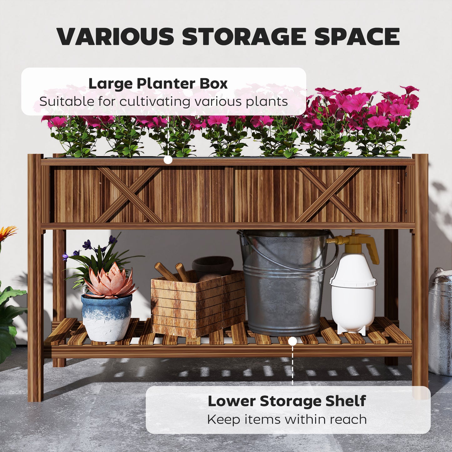 Dual-Tier Raised Garden Bed,Elevated Wood Planter Box,with Storage Shelf,Drainage Holes,and Liner
