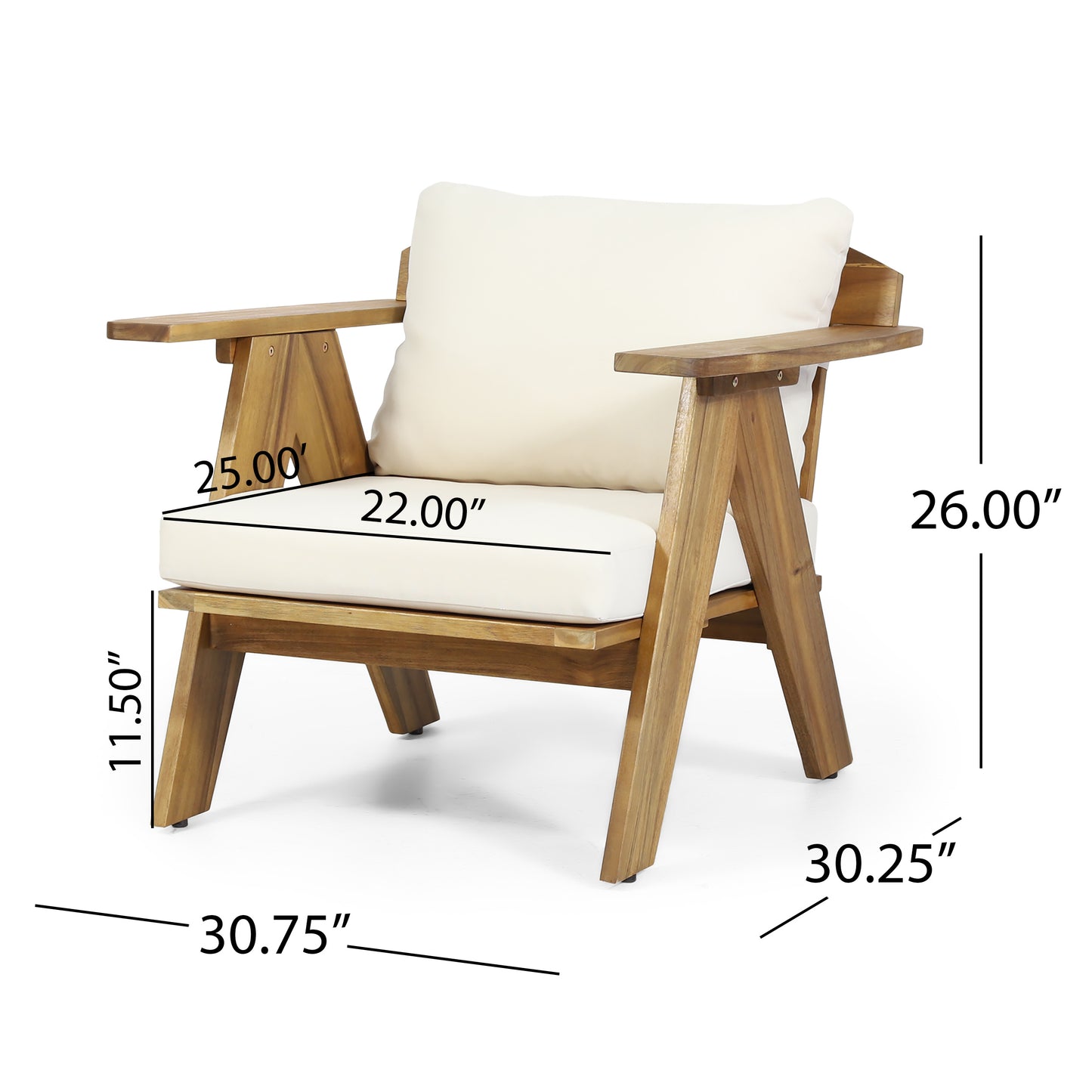 Outdoor Acacia Wood Club Chairs with Cushions (Set of 2), Teak Finish+ Beige, 30.75" W x 30.25" D x 26.00" H