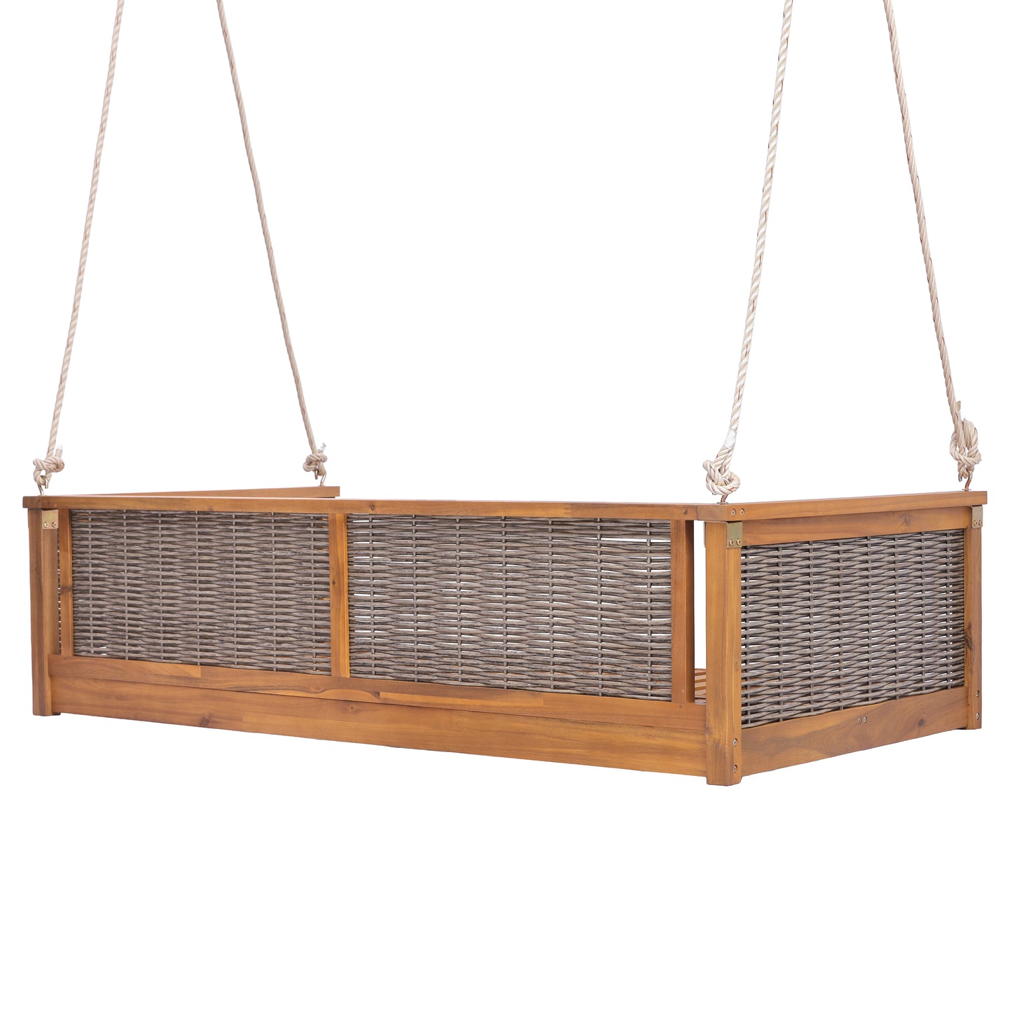 TOPMAX Outdoor Classic Solid Wood Twin Size Swing Bed,Garden Porch Rattan Swing Frame with Long Ropes for Poolside, Backyard,TEAK