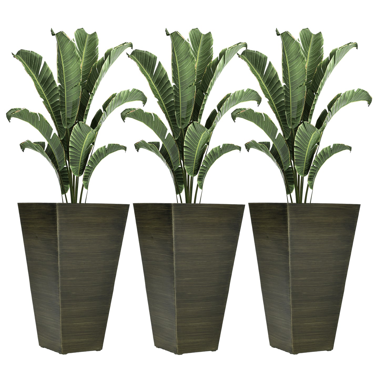 Outsunny 28" Tall Outdoor Planters, Set of 3 Large Taper Planters with Drainage Holes and Plug, Faux Wood Plastic Flower Pots for Outdoor, Indoor, Garden, Patio, Dark Brown
