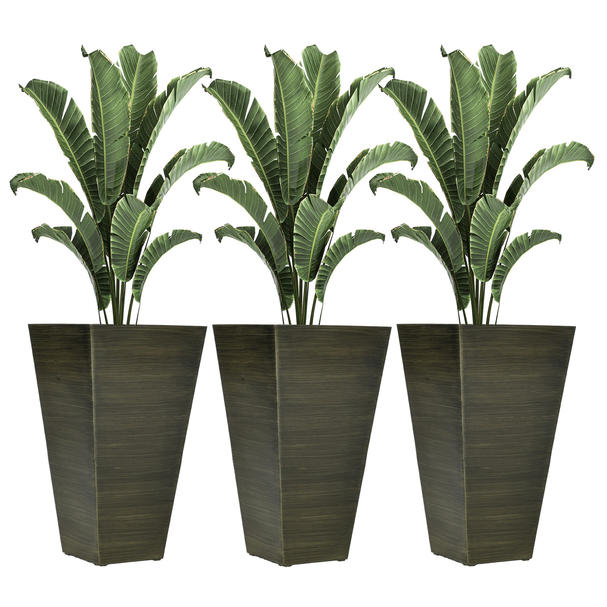 Outsunny 28" Tall Outdoor Planters, Set of 3 Large Taper Planters with Drainage Holes and Plug, Faux Wood Plastic Flower Pots for Outdoor, Indoor, Garden, Patio, Dark Brown