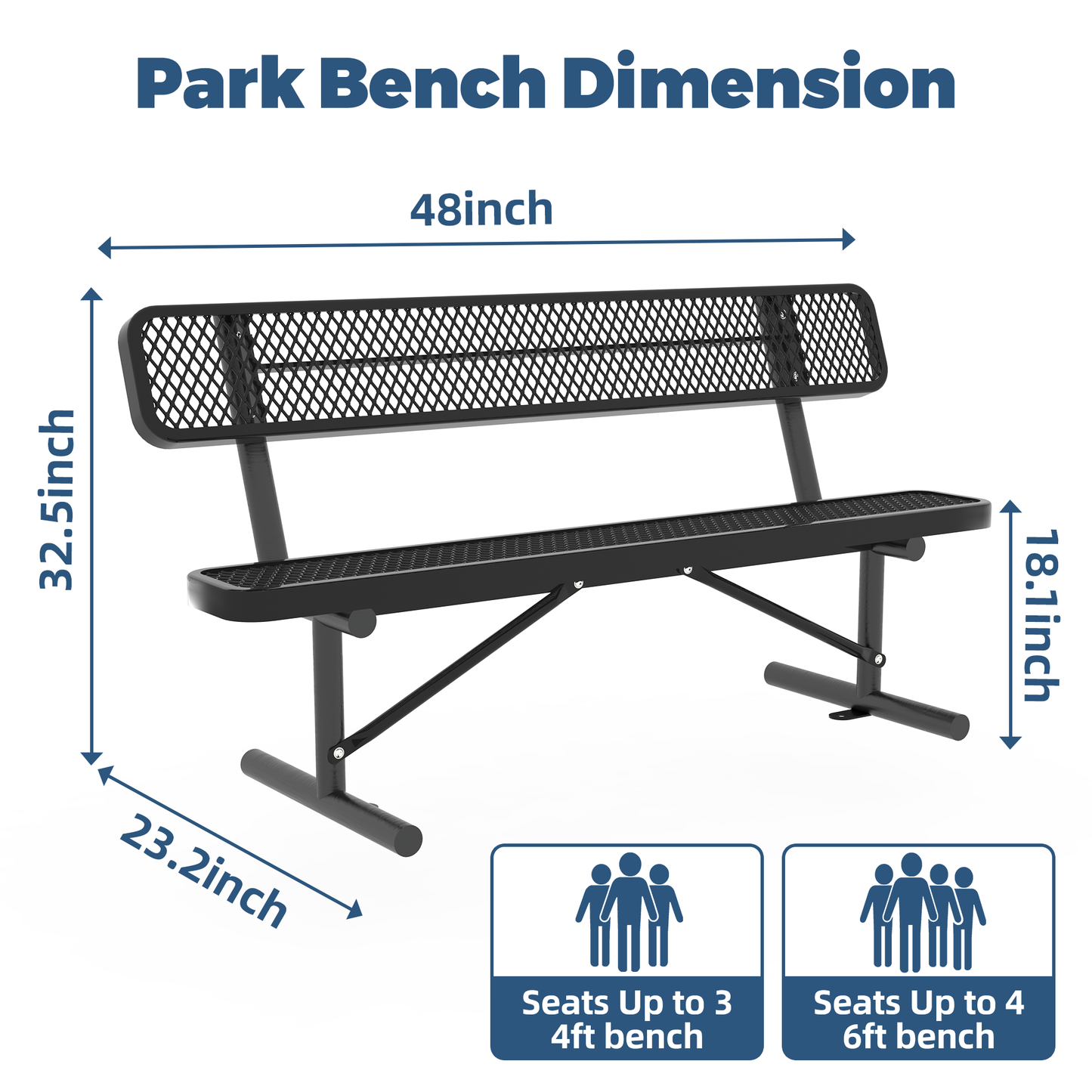 4FT Heavy-Duty Outdoor Metal Park Bench with Backrest, All-Weather Steel Portable Seating, Rust-Proof Commercial Bench for Garden, Patio, Yard, Deck, Parks & Shopping Malls