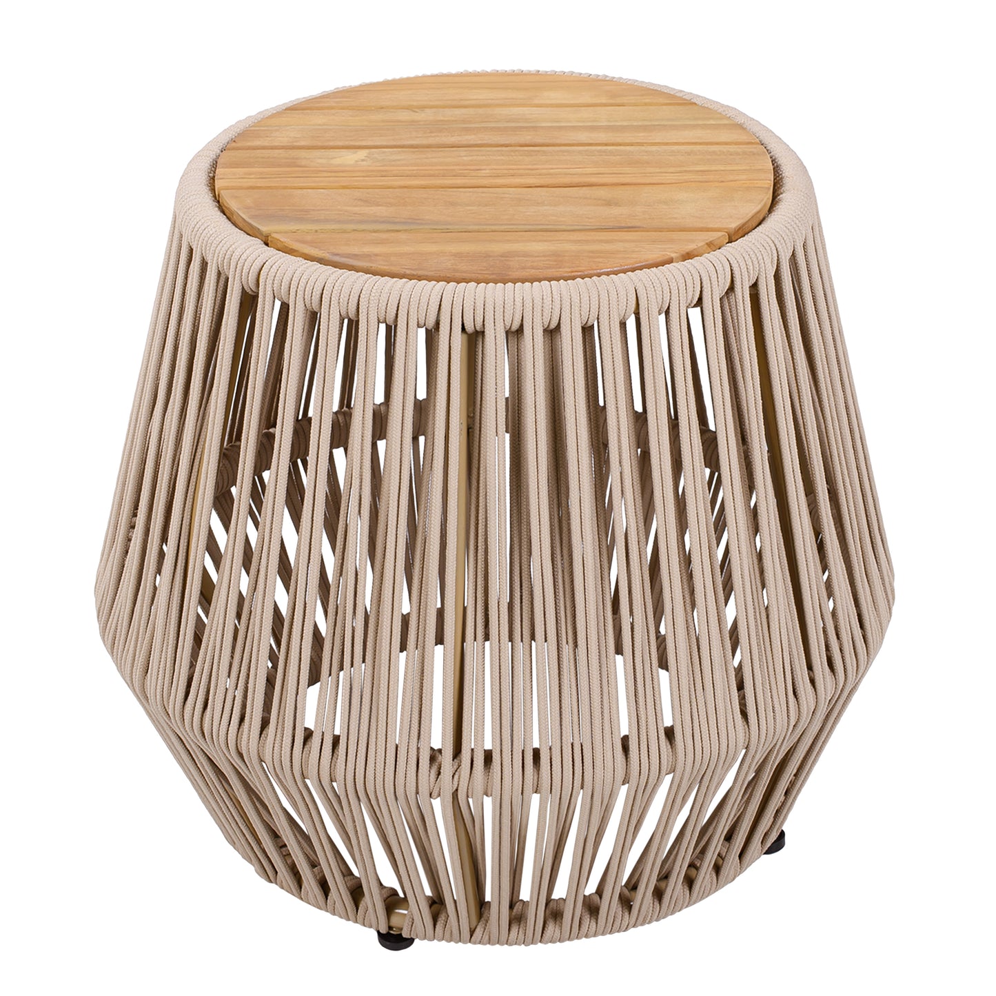 Acacia Wood Side Table with Beige Rope Base - Light Teak Finish, Modern Coastal Accent for Patio, Garden, Balcony & Indoor Use