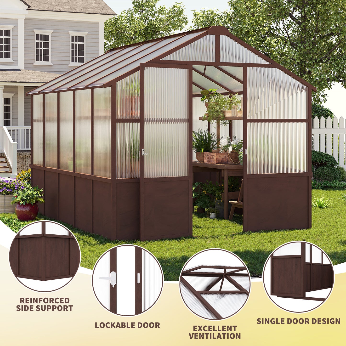 8x10 FT Greenhouse Kit, Wood Greenhouses with 6MM Polycarbonate Panel, Green House with Adjustable Vent & Lockable Door, Walk-in Greenhouse for Outside, Garden, Backyard