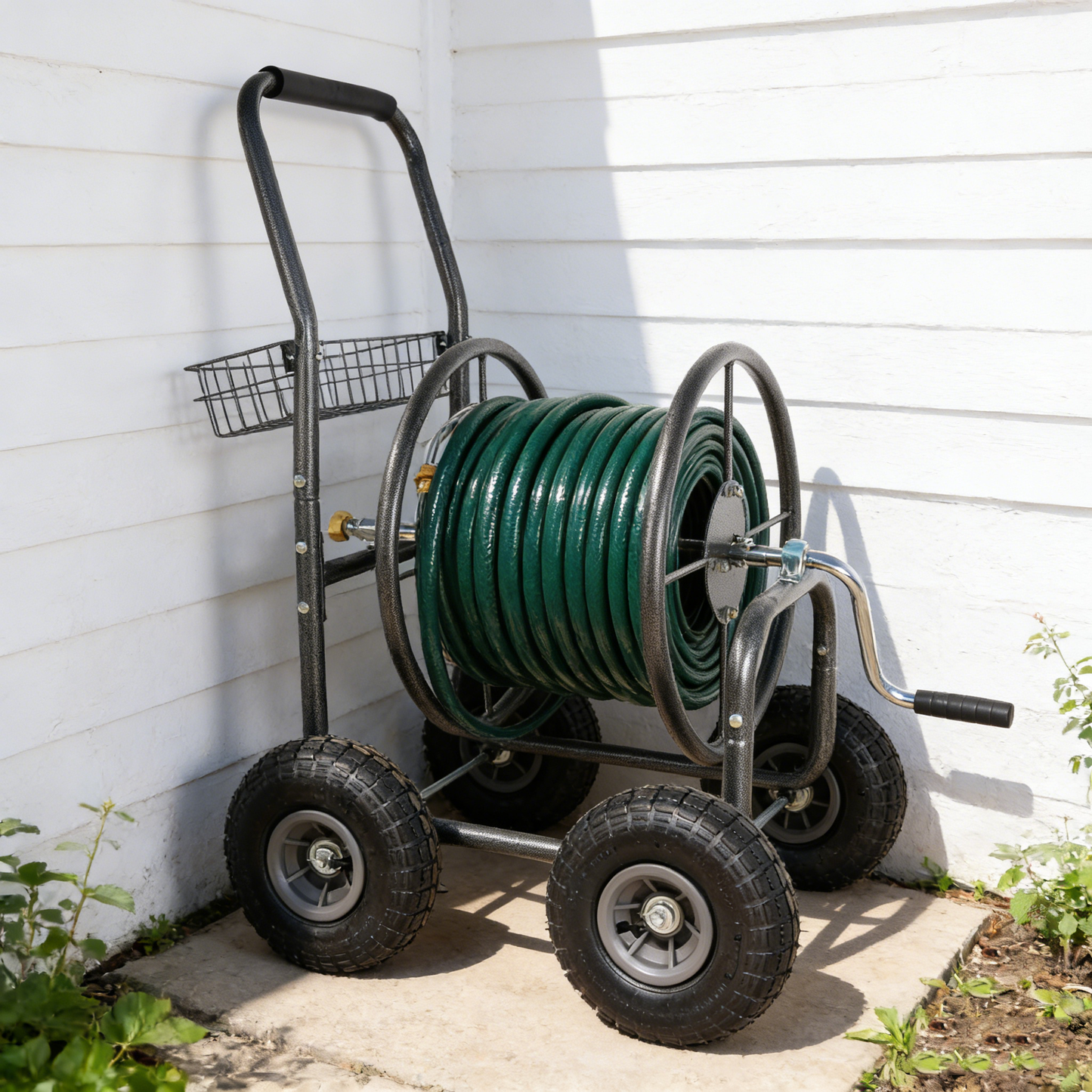 Garden Hose Reel Cart - 4 Wheels Portable Garden Hose Reel Cart with Storage Basket Rust Resistant Heavy Duty Water Hose Holder