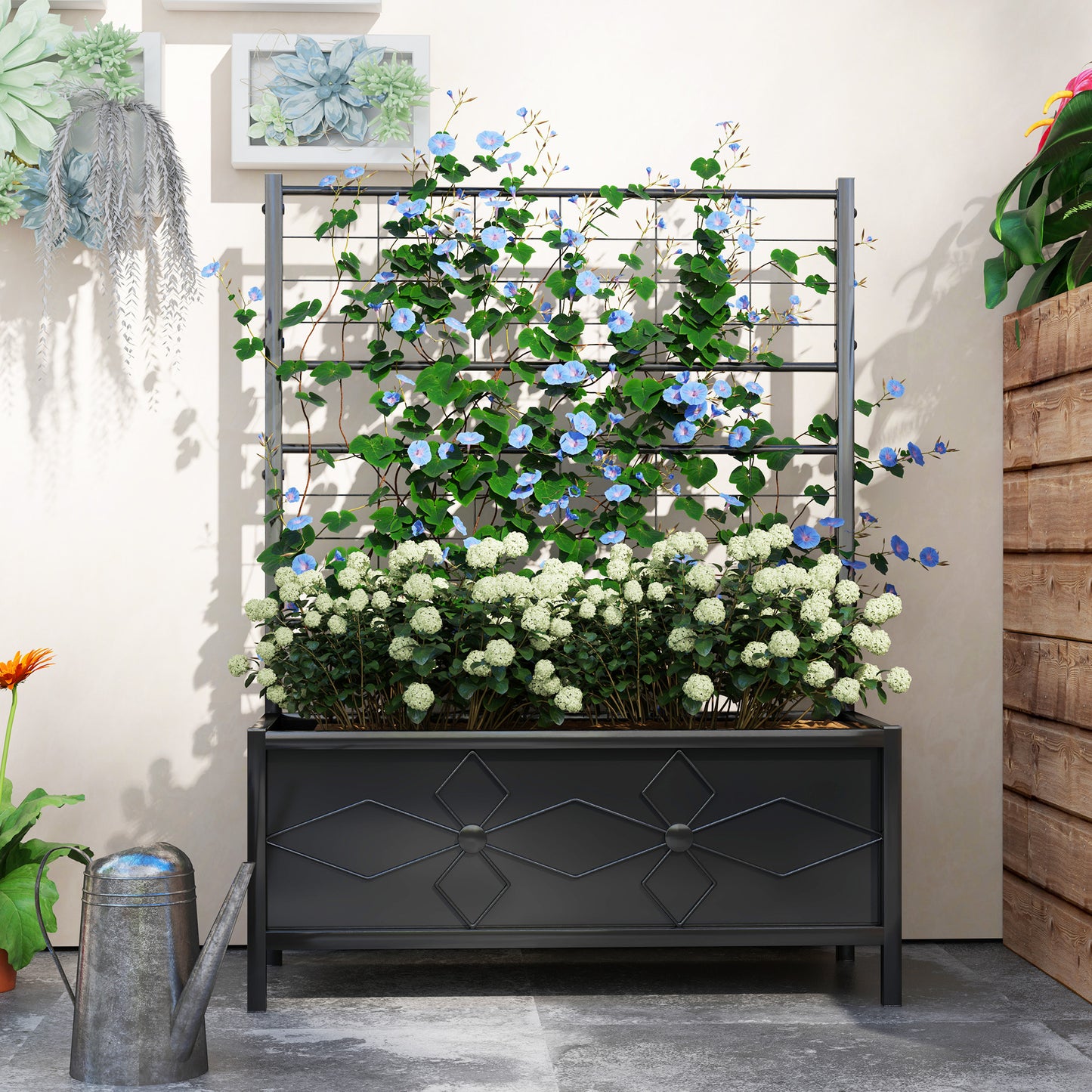 Outsunny Galvanized Raised Garden Bed with Trellis for Climbing Vines Vegetables Flowers, Outdoor Planter Box, 35.4" x 15.7" x 47.2", Black