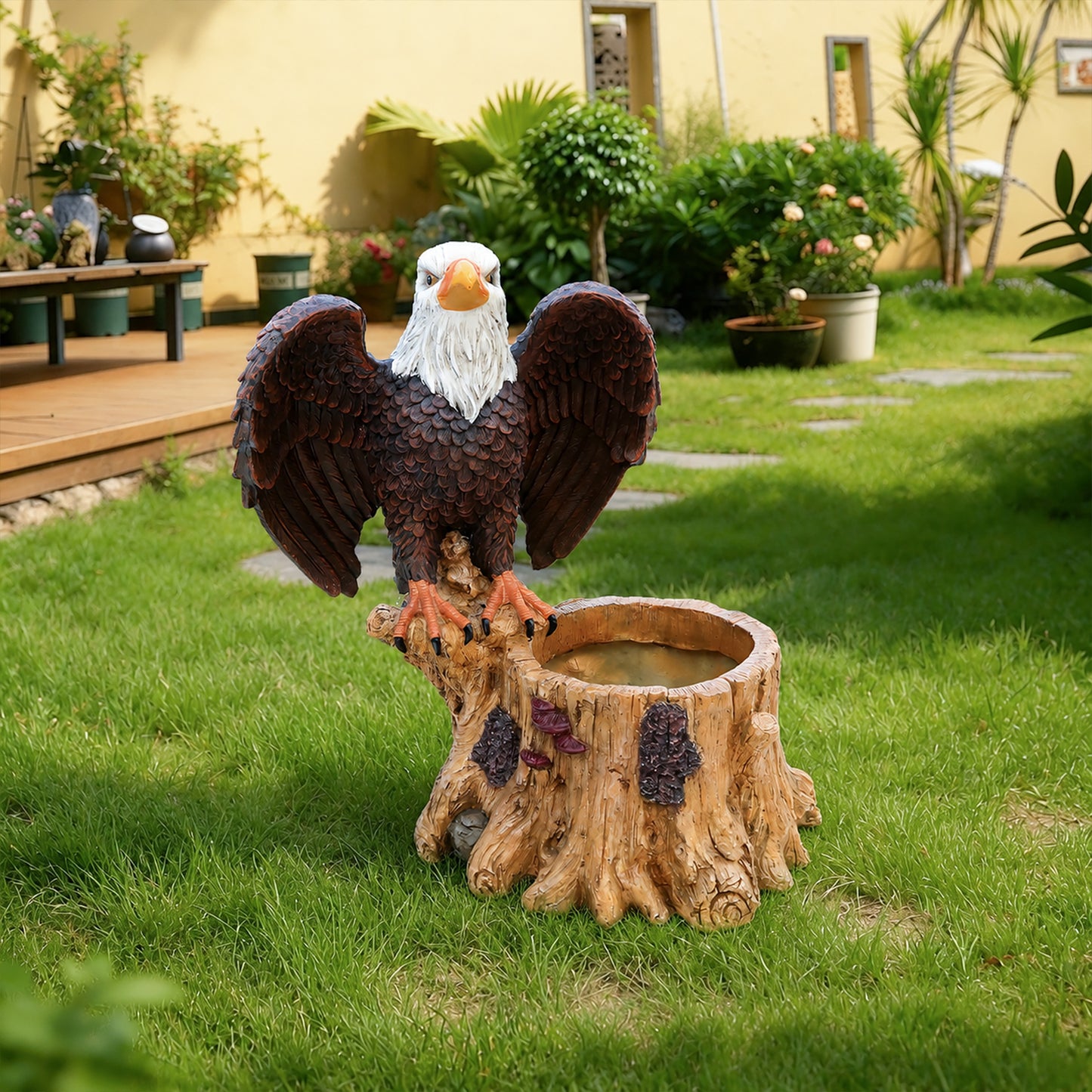 Majestic Eagle with Spread Wings Garden Planter Pot on Tree Stump Base - Durable Polyresin Decorative Flower Pot for Outdoor Patio & Lawn - Unique Wildlife Decor Gift