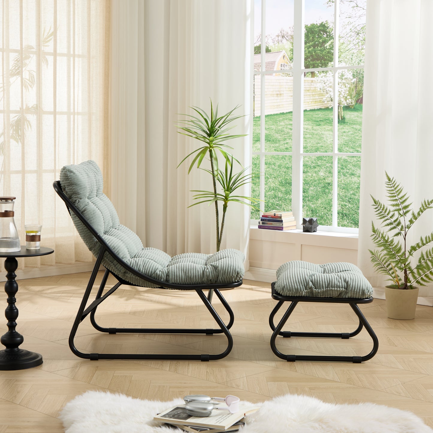 Patio Outdoor Lounge Chair with Ottoman, Comfy Sling Recliner Chair with Puffy Cushion and Foot Stool,  Ideal for Living Room, Bedroom, Reading Room, Black frame with light green Cushion